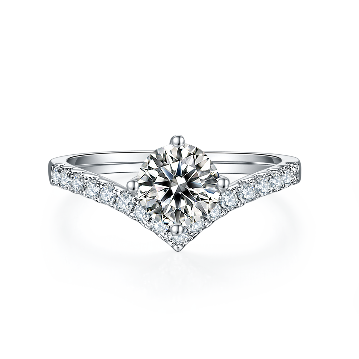 V-shaped S925 silver plated platinum Moissanite women's ring 1 carat D-grade